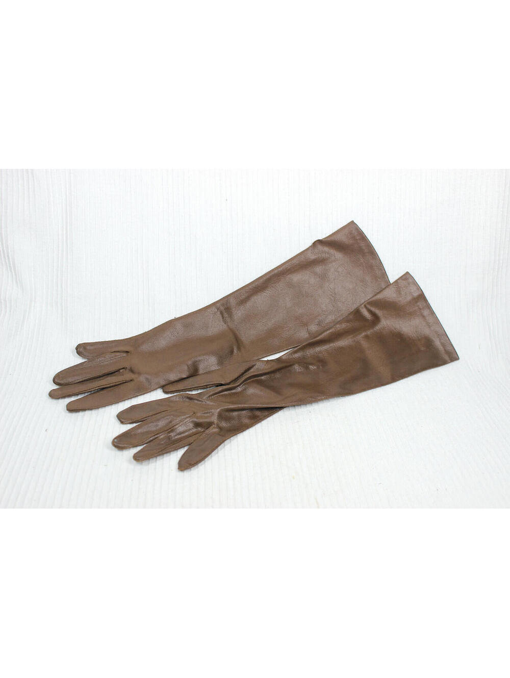 Vtg 50s Faux Leather Gloves 6 1/2 S/M Glazed Woven Rayon Ash Brown Man Made